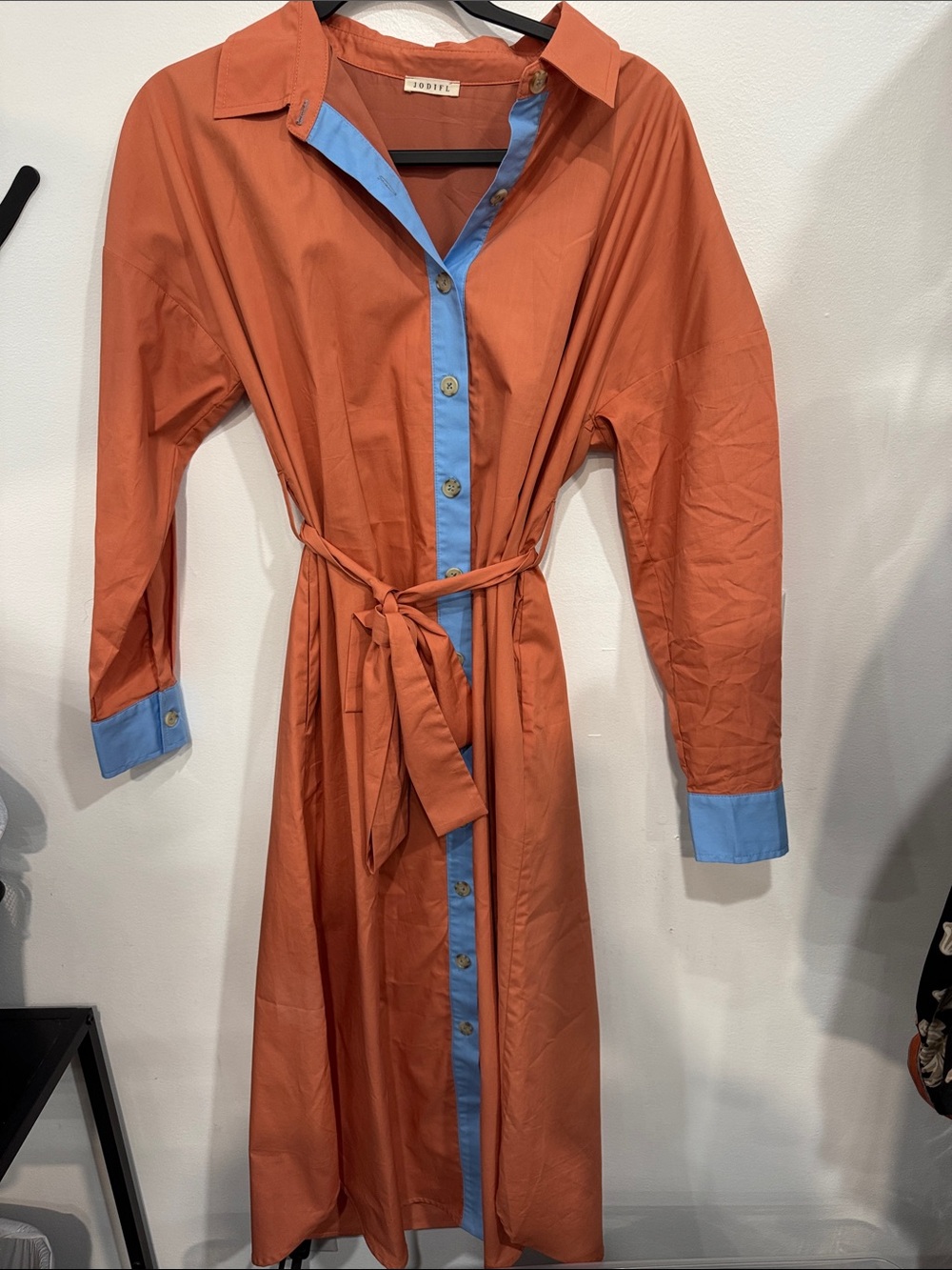 JODIFL Rust Orange Trench Dress with Sky Blue Trim